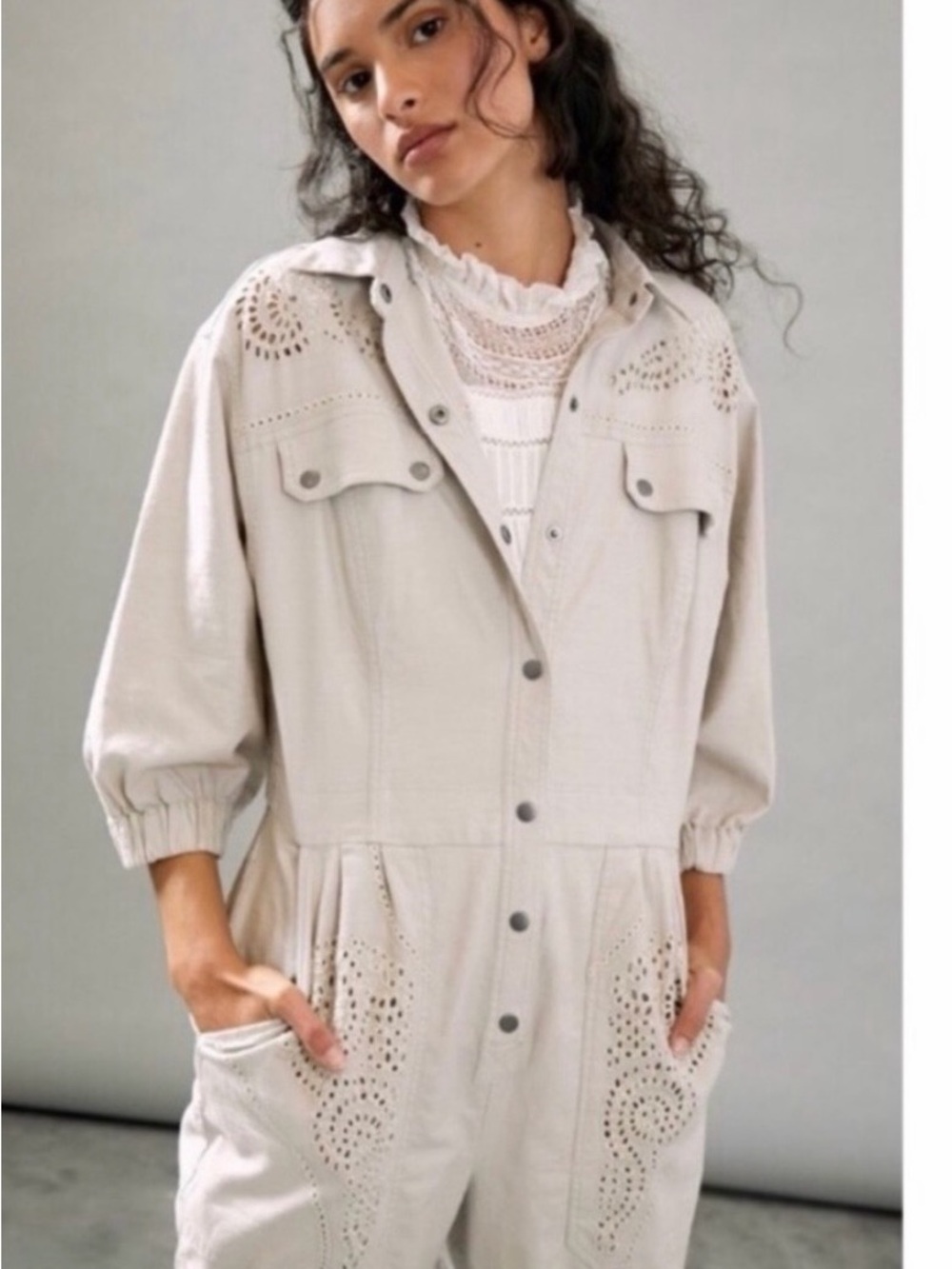 NWT ANthropologie Sydney Beige Cream Eyelet-Detail Utility Jimpsuit